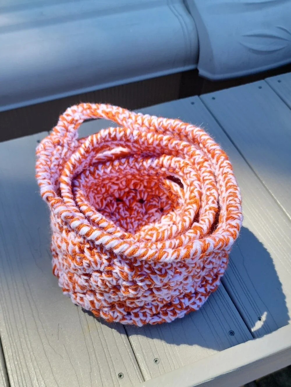 Hand Crochet Orange & White Storage Baskets - Set of 3